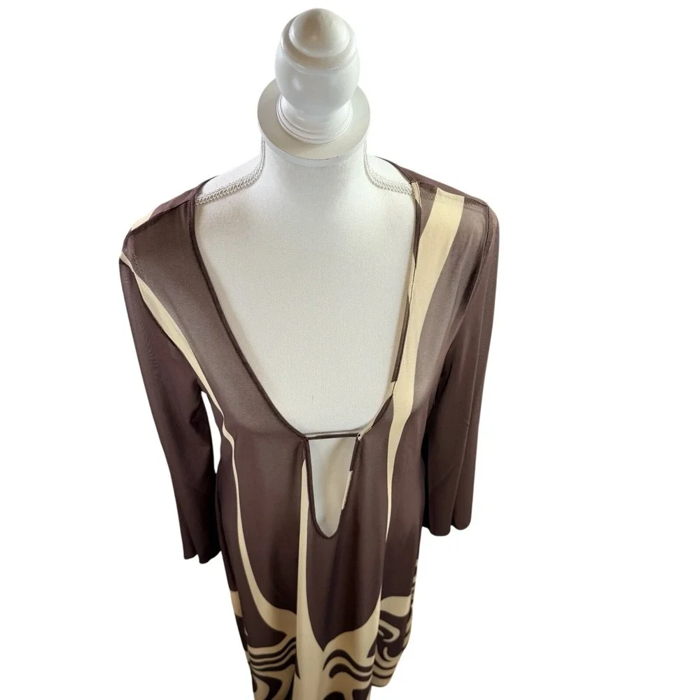Caroline Constas Sheer Mesh Cover Up Maxi Dress Brown Cream Large NWT